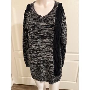 Style Co Black White Marled Knit V Neck Cable Knit Sweater M